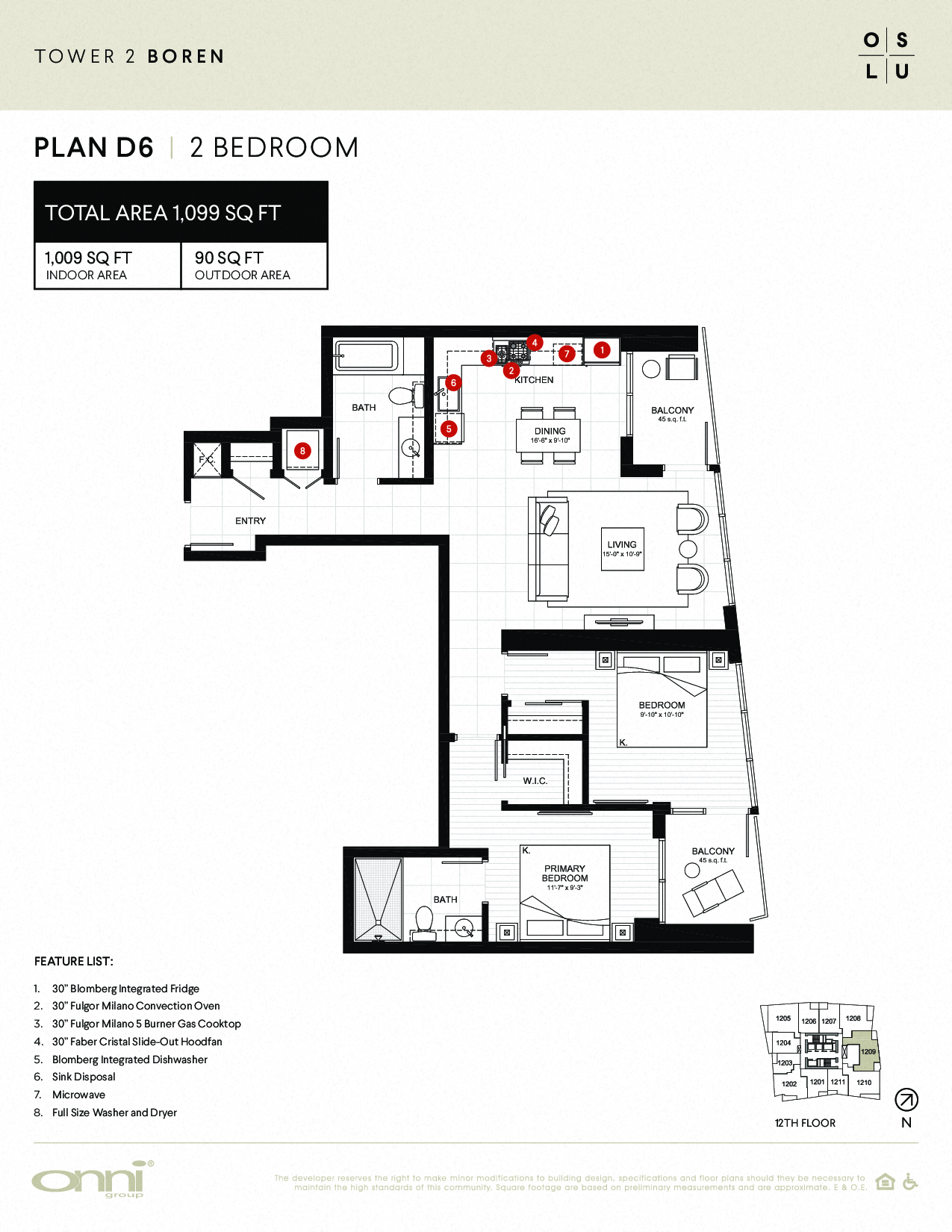 Floor plan for 2 beds, 2 baths, 1009 sqft